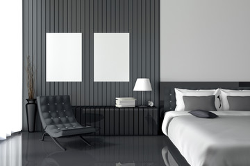 3D rendering : illustration of modern house interior.bed room part of house.Spacious bedroom in black and white style.modern furniture,big bed and decorative.mock up white frame.tablet and laptops