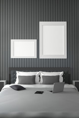 3D rendering : illustration of modern house interior.bed room part of house.Spacious bedroom in black and white style,modern furniture,big bed and decorative,light from out side.mock up white frame