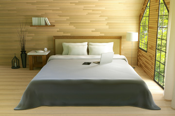 Fototapeta na wymiar 3D rendering : illustration of modern house interior.bed room part of house.Spacious bedroom in wooden style,modern furniture,big bed and decorative,green natural out side