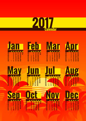 Calendar vector template for 2017 year. Week starts on Monday. Calender with week numbers. Year on one page, suitable for poster or pocket calendar. Palm trees and tropical sunset