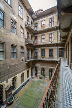 Elegant courtyard in a early twentieth century palace in Fo street, designed from the parliament architect Imre Steindl in Fo Utca, Budapest