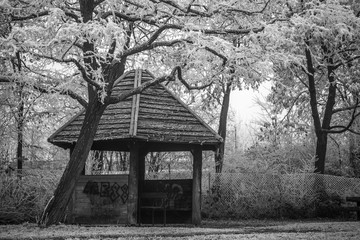 Obraz premium Holzhütte im Winterwald (schwarzweiß)