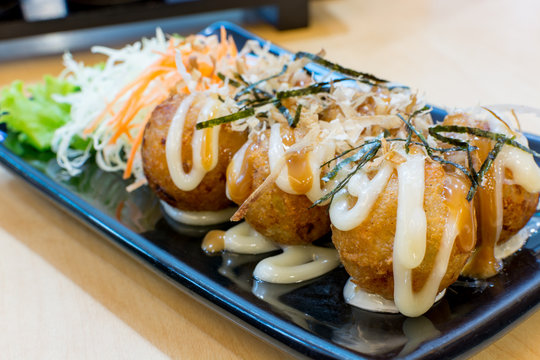 takoyaki, octopus balls, japanese food, selective focus