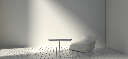 White modern chair and wall in simple living room. 3d or illustration interior render image.