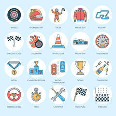 Car racing vector line icons. Speed auto championship signs - track, automobile, racer, helmet, checkers flags, steering wheel. Linear pictogram set with editable stroke for sport event, fan store.