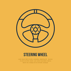 Steering wheel vector line icon. Car racing logo, driving lessons sign. Automobile parts illustration.