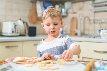 Little blond kid tries freshly baked shortbread, sitting at the kitchen table. Concentrated face expression.