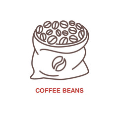 Coffee beans in bag vector line icon. Barista equipment linear logo. Outline symbol for cafe, bar, shop.