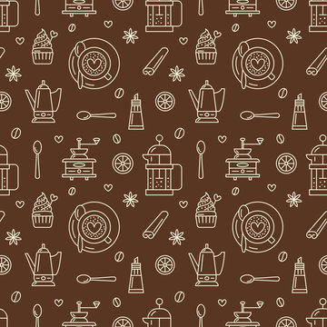 Seamless pattern of coffee, vector background. Repeated brown texture for coffee shop wrapping paper. Cute beverages, hot drinks icons, can be used for restaurant menu