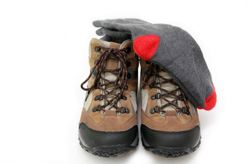 Workers or Hiking boots and warm socks ready to wear