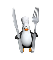 Fototapeta premium 3d cooker penguin holding knife and fork