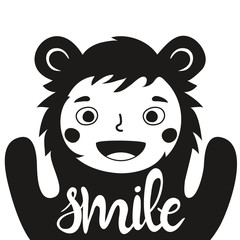 Funny vector illustration with cute child in bear costume and word - smile.