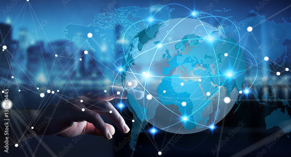 Aufkleber businessman touching global network on planet earth 3d rendering
