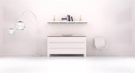 Fototapeta na wymiar Modern white orange interior with chest of drawers and shelve 3D