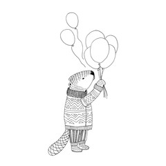 Vector sketch. Beaver in sweater with baloons