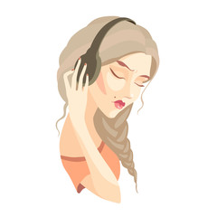 Vector sad girl with long hair listening to music on headphones