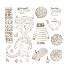 Vector sketch set of winter accessories with fun cat