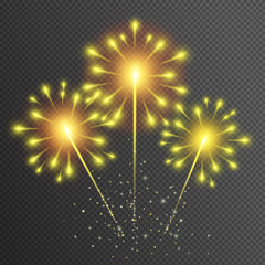 Isolated vector fireworks on transparent background. Yellow glowing light glitter effect. Sparkler texture