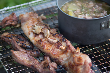 .Picnic BBQ grills that have Boiler and soup on the stove on med