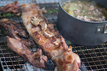 .Picnic BBQ grills that have Boiler and soup on the stove on med