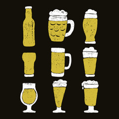 Set of beer mugs and bottle.