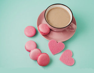 valentine's day. pink macaroons and hearts