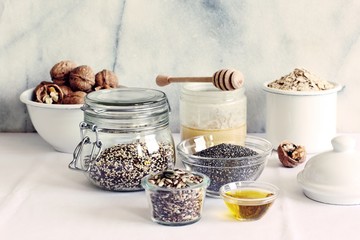 Various superfoods products for healthy eating concept.. Detox program ingredients.Selective focus 