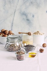 Various superfoods products for healthy eating concept.. Detox program ingredients.Selective focus 