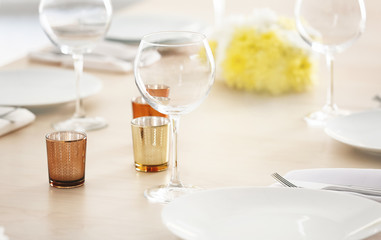 Table setting for holiday buffet, close up view