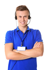 Young male technical support dispatcher on white background