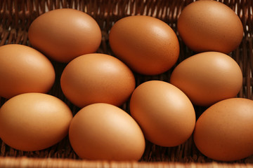 Raw eggs in basket, closeup