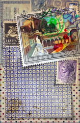 Background with old patchwork and italian stamps