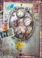 Foto auf Acrylglas Phantasie Fantasy window in frame with hot air balloons and vintage stamps