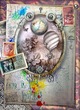 Fantasy window in frame with hot air balloons and vintage stamps