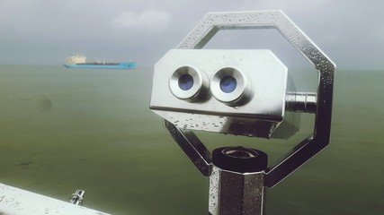 Teleskop und Containerschiff auf der Nordsee