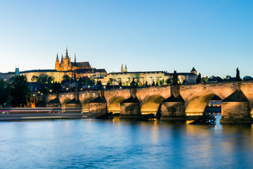 Fototapeta na wymiar Panorama of Prague Castle and St. Vitus cathedral in twilight with dramatic sky. Prague, Czech Republic