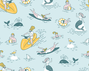 People actively relax, swim in the sea. Summer sea vacation illustration. Vector seamless pattern.