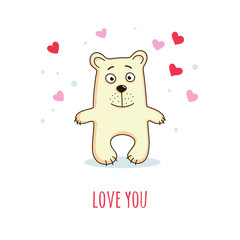 Cute bear in a cartoon style and text love you. Vector illustrat