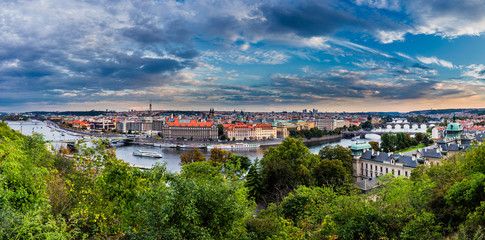 Panoramic view of bridges over Vltava river from Letna Park. Prague, Czech Republic. Stitched panorama