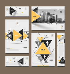 Abstract binder art. White brochure cover design. Info banner frame. Elegant ad flyer text font. A4 title sheet model set. Fancy vector front page. City view blurb. Yellow, black triangle figures icon