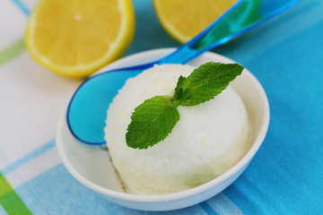 Lemon sorbet in bowl decorated with mint leaf
