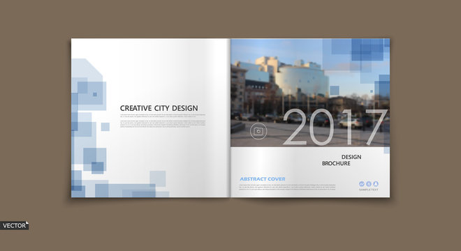 Abstract binder art. White a4 brochure cover design. 2017 info banner frame. Modern ad flyer text font. Title sheet image model set. Fancy vector front page. City view blurb. Blue box block theme icon