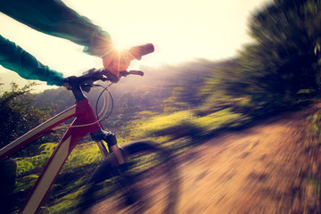 young woman riding mountain bike at sunrise forest trail