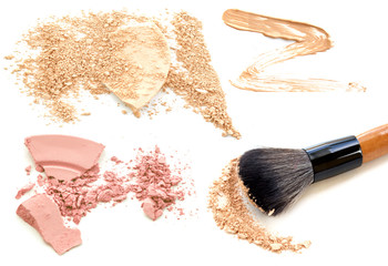 Collage of decorative cosmetics on white background. Beauty and makeup concept.