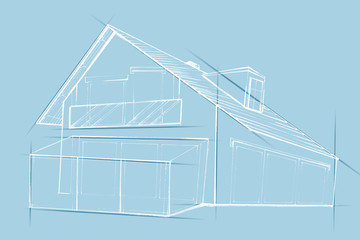 Dom mieszkalny wolnostojący. Szkic architektoniczny budynku na jasno niebieskim tle. - obrazy, fototapety, plakaty