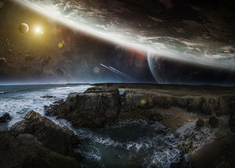 View of distant planet system from cliffs 3D rendering elements