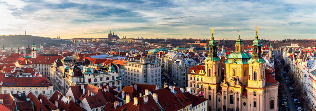 Panoramic view of the Old Town Square, Castle, St. Nicholas church in Prague, Czech Republic