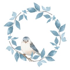 Cute bird with floral wreath. Watercolor painting 1. Floral frame