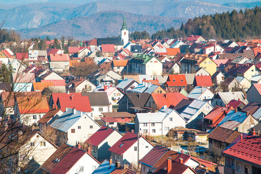 Panoramic view of Croatian town Delnice, Gorski Kotar in winter