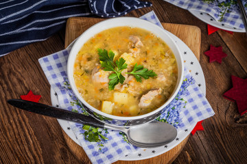 Soup with barley and chicken gizzards.